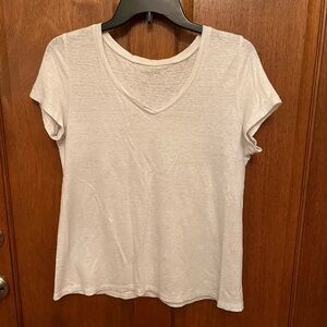 Eileen Fisher White Silver Shimmer V Neck Linen Jersey Tee XS